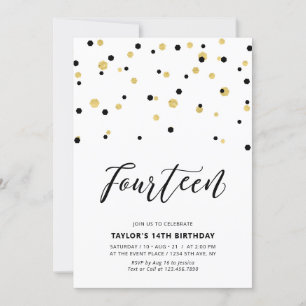 Black & Gold Simple 14th Teen Birthday Party Kaart