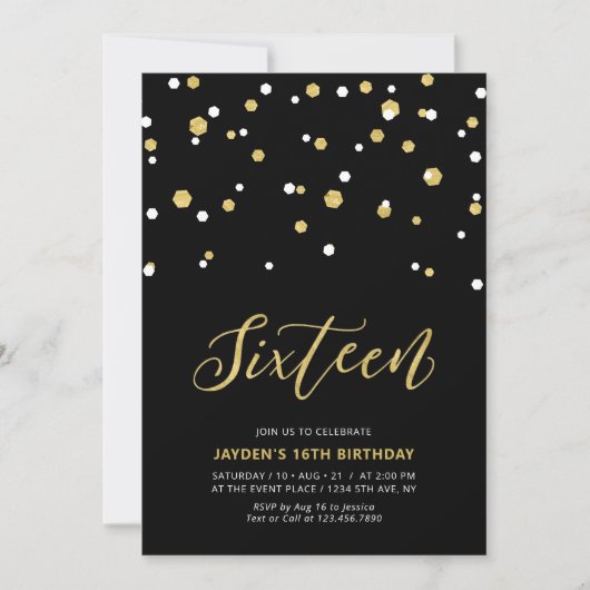 Black & Gold Simple 16th Teen Birthday Party Invit Kaart (Voorkant)