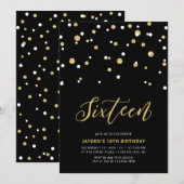 Black & Gold Simple 16th Teen Birthday Party Invit Kaart (Voorkant / Achterkant)