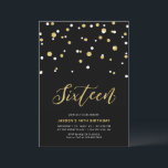 Black & Gold Simple 16th Teen Birthday Party Invit Kaart<br><div class="desc">Viel je speciale dag met deze eenvoudige minimale 16e verjaardagsfeestuitnodiging. Dit ontwerp is voorzien van een stijlvol letterschrift "zestien" met zeshoekige confetti met een zwart-gouden kleurencombinatie. Meer design beschikbaar in mijn winkel BaraBomDesign.</div>