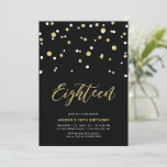 Black & Gold Simple 18th Teen Birthday Party Invit Kaart<br><div class="desc">Viel je speciale dag met deze eenvoudige minimale 18e feestdag. Dit ontwerp is voorzien van een stijlvol letterschrift "Achttien" met zeshoekige confetti met een zwart-gouden kleurencombinatie. Meer design beschikbaar in mijn winkel BaraBomDesign.</div>