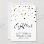 Black & Gold Simple 18th Teen Birthday Party Kaart<br><div class="desc">Viel je speciale dag met deze eenvoudige minimale 18e feestdag. Dit ontwerp is voorzien van een stijlvol letterschrift "Achttien" met zeshoekige confetti met een zwart-gouden kleurencombinatie. Meer design beschikbaar in mijn winkel BaraBomDesign.</div>