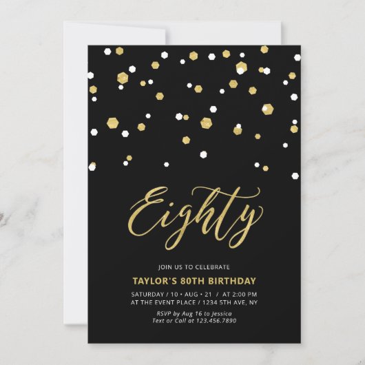 Black & Gold Simple 80th Birthday Party Inv Kaart (Voorkant)