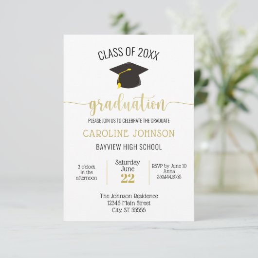 Black Gold Simple Modern Afstuderen Invitation Kaart (Staand voorkant)