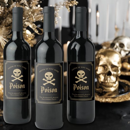 Black & Gold Skull Halloween Party Poison Wijn Etiket