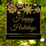 Black Gold Snowflake, aangepast kerstfeest Keramisch Ornament<br><div class="desc">Kerstversiering voor het grote publiek met Prettige feestdagen geschreven in elegant goudcursief script onder een prachtige grens van sneeuwvlokken die vallen op een modern zwart vakantielabel. Pas deze professionele vakantie-sticker aan met uw bedrijf of bedrijfsnaam.</div>