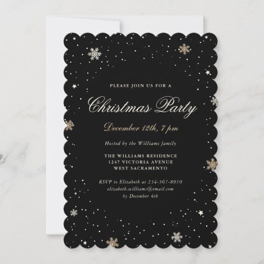 Black Gold Snowflake Elegant Christmas Party Kaart (Voorkant)