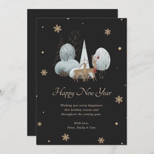 Black Gold Snowflake Rendier Happy New Year Kaart (Voorkant / Achterkant)