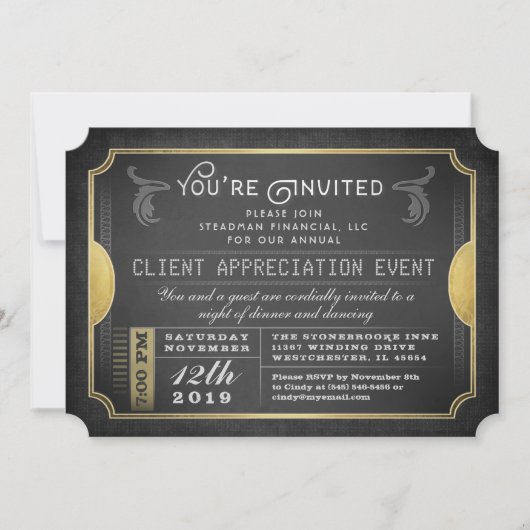 Black & Gold Sophisticate Ticket Corporate Invite Kaart (Voorkant)