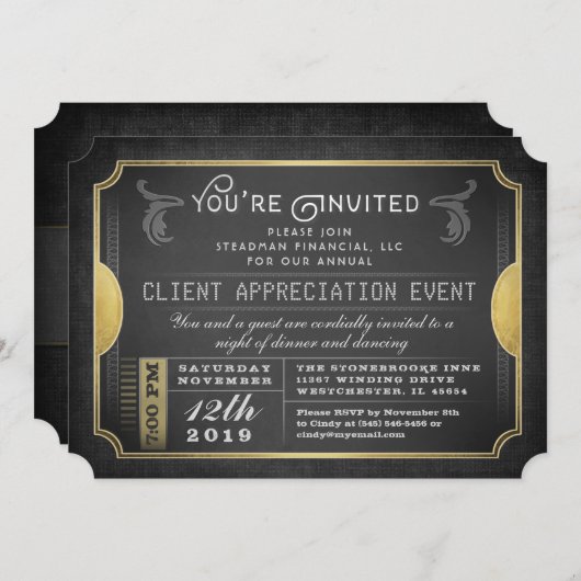 Black & Gold Sophisticate Ticket Corporate Invite Kaart (Voorkant / Achterkant)