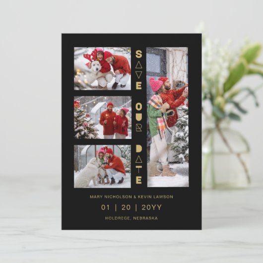 Black & Gold Sophisticated 4 Multi-Photos Collage Save The Date (Staand voorkant)