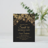 Black Gold Sparkle Glitter String Lights Sweet 16 Kaart (Staand voorkant)