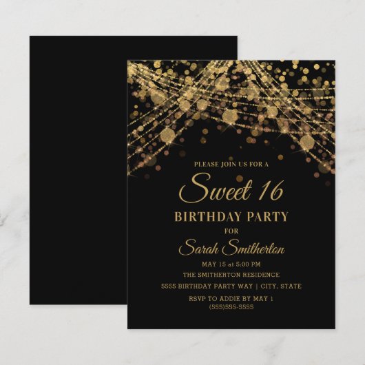 Black Gold Sparkle Glitter String Lights Sweet 16 Kaart (Voorkant / Achterkant)