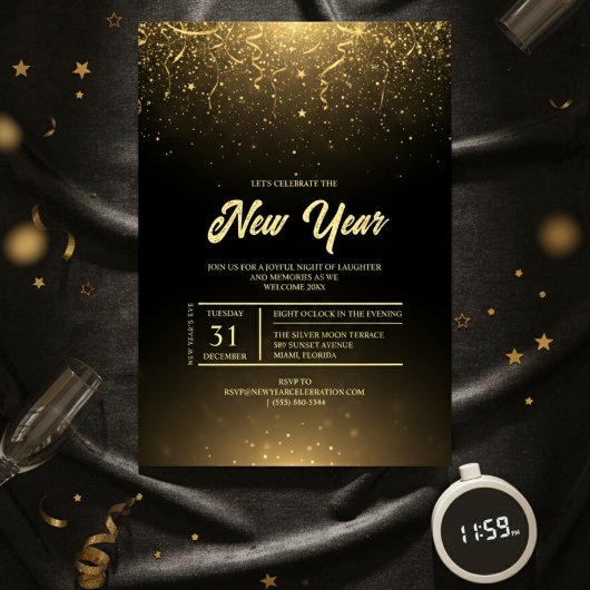 Black Gold Sparkle New Year Party Invitation Kaart
