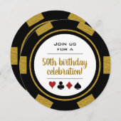 Black Gold Sparkle Poker Chip Casino Birthday Kaart (Voorkant / Achterkant)