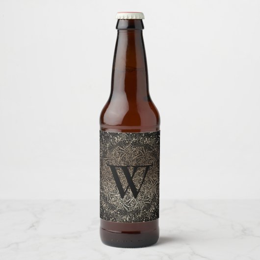 Black Gold Sparkle Snowflake Monogram Bier Etiket (Voorkant)