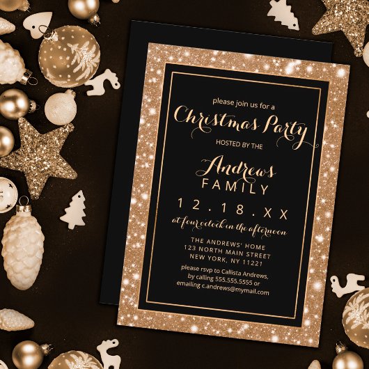 Black Gold Sparkly Glitter Bling Christmas Party Kaart