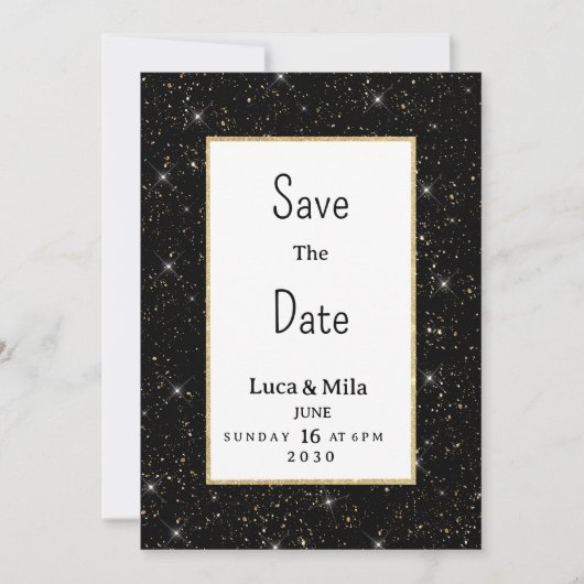 Black gold sparkly glitter confetti Save the Date Kaart (Voorkant)