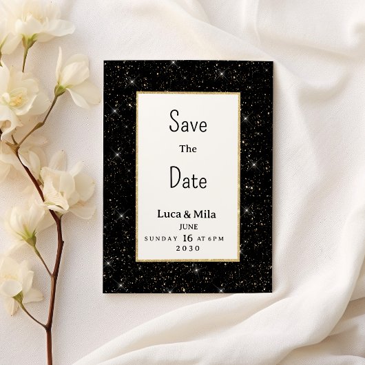 Black gold sparkly glitter confetti Save the Date Kaart