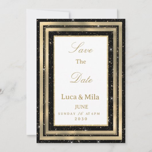 Black gold sparkly glitter confetti Save the Date Kaart (Voorkant)