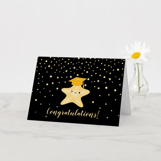 Black & Gold Star-Afstuderen gefeliciteerd Folie Wenskaart (Kleine Bloem)