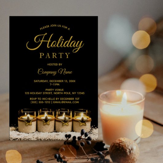 Black Gold Star Candle Corporate Holiday Party Kaart