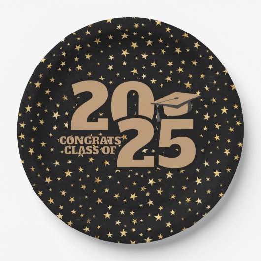 Black & Gold Stars 2025 Afstuderen Papieren Bordje (Voorkant)