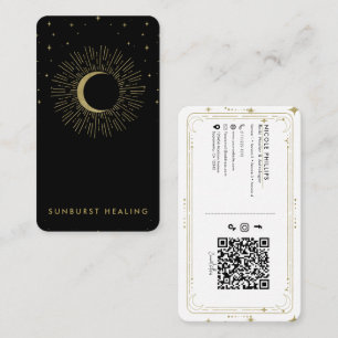 Black & Gold Stars Celestial Sunburst Moon QR Visitekaartje
