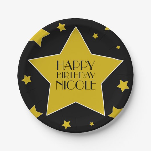 Black Gold Stars Hollywood Verjaardagsnaam Papieren Bordje (Voorkant)