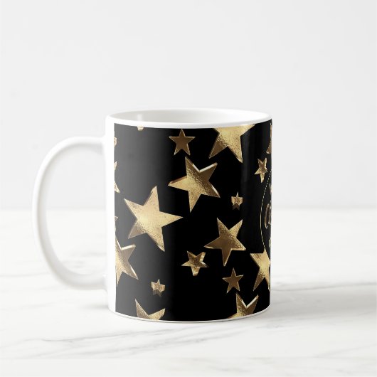 Black Gold Stars Pattern Voeg naam voor prettig ke Koffiemok (Links)