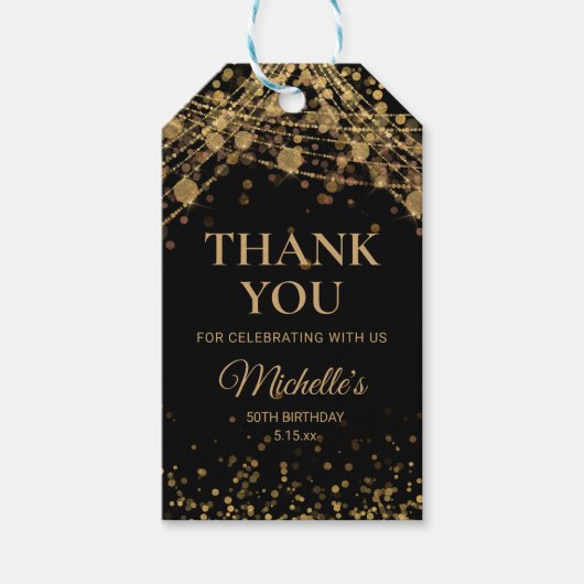 Black Gold String Lights Adult Birthday Hartelijk  Cadeaulabel (Voorkant)