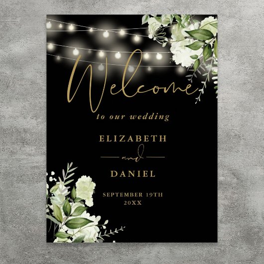 Black Gold String Lights Bloemen Huwelijk Welkom Poster