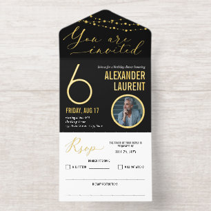 Black Gold String Lights Foto Milestone Verjaardag All In One Uitnodiging
