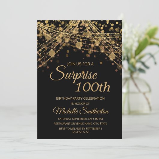 Black Gold String Lights Surprise 100th Birthday Kaart (Staand voorkant)