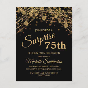Black Gold String Lights Surprise 75th Birthday Briefkaart