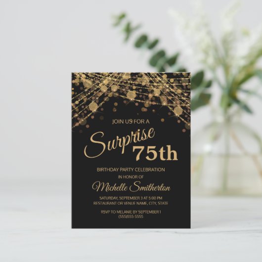 Black Gold String Lights Surprise 75th Birthday Briefkaart (Staand voorkant)