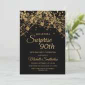 Black Gold String Lights Surprise 90th Birthday Kaart (Staand voorkant)