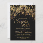 Black Gold String Lights Surprise 90th Birthday Kaart<br><div class="desc">90e verjaardag uitnodiging voor vrouwen met glittering gouden snaarlampen en mousserende bokeh op een gedurfde zwarte achtergrond. Omdat tekst aanpasbaar is, is deze uitnodiging ontworpen voor een dame die elke verjaardag viert. (18th, 21, st, 30th, 40th, 50th, 60th, 70th, 80th, 90th, 100th... of elke leeftijd). Tekst, lettertypen en tekst zijn...</div>