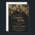 Black Gold String Lights Surprise 90th Birthday Kaart<br><div class="desc">90e verjaardag uitnodiging voor vrouwen met glittering gouden snaarlampen en mousserende bokeh op een gedurfde zwarte achtergrond. Omdat tekst aanpasbaar is, is deze uitnodiging ontworpen voor een dame die elke verjaardag viert. (18th, 21, st, 30th, 40th, 50th, 60th, 70th, 80th, 90th, 100th... of elke leeftijd). Tekst, lettertypen en tekst zijn...</div>