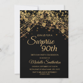 Black Gold String Lights Surprise 90th Birthday Kaart