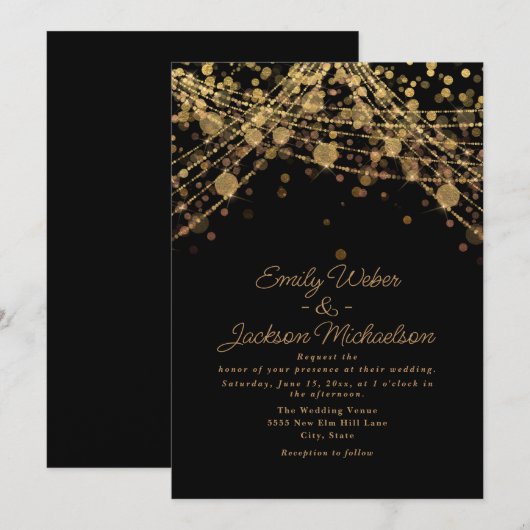 Black Gold String Lights Wedding Kaart (Voorkant / Achterkant)