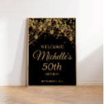 Black Gold String Lights Welkom 50th Birthday Poster<br><div class="desc">Zwart 50e verjaardag "Welkom" poster met gouden glitter en snaarlampen. Aangepast met de naam en de leeftijd van de gast op erewoord. Dit poster wordt geleverd in verschillende maten en kan worden aangepast voor iedereen van elke leeftijd. Neem contact met mij op voor hulp bij uw aanpassingen of om extra...</div>