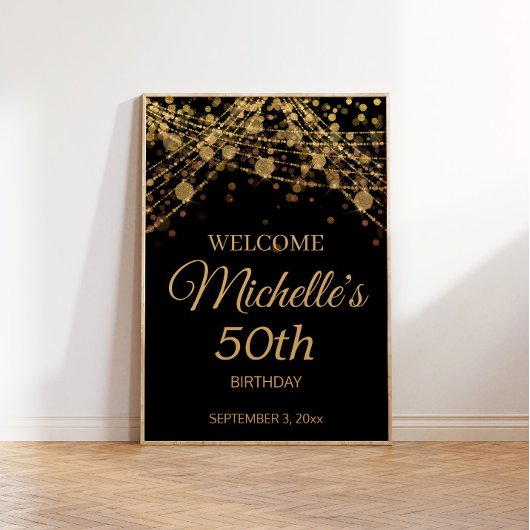 Black Gold String Lights Welkom 50th Birthday Poster