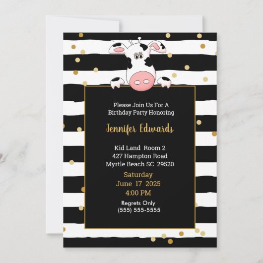 Black Gold Stripe Koe Thema Kinderen Birthday Part Kaart (Voorkant)