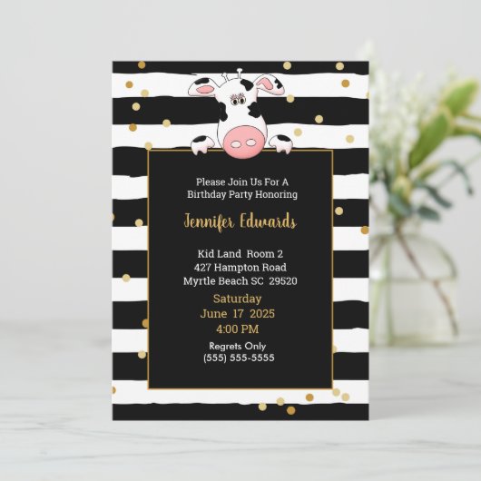 Black Gold Stripe Koe Thema Kinderen Birthday Part Kaart (Staand voorkant)