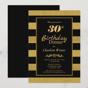 Black Gold Striped 30th Birthday Dinner Kaart