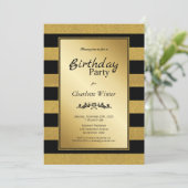 Black Gold Striped Any Age Birthday Party Kaart (Staand voorkant)