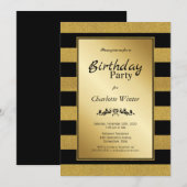 Black Gold Striped Any Age Birthday Party Kaart (Voorkant / Achterkant)