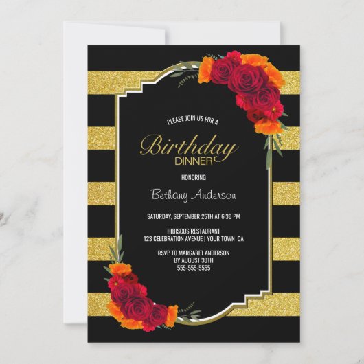 Black Gold Striped Floral Birthday Dinner Kaart (Voorkant)
