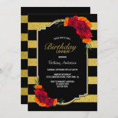 Black Gold Striped Floral Birthday Dinner Kaart (Voorkant / Achterkant)